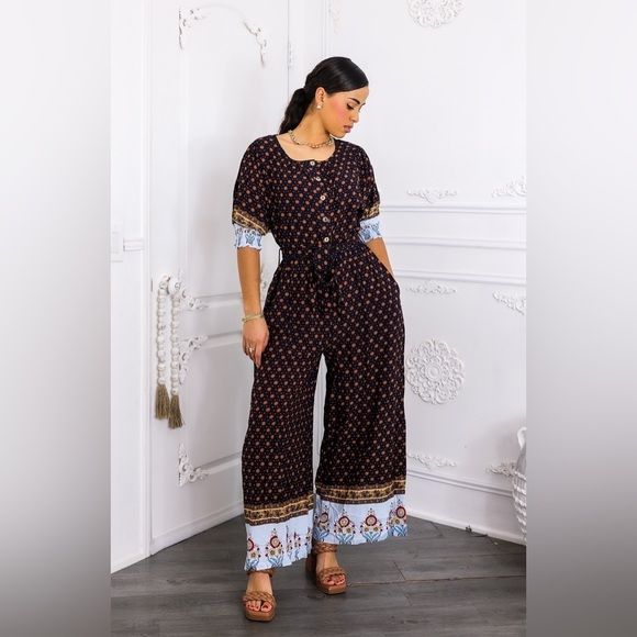 Pants - Black and multi Patterned Jumpsuit